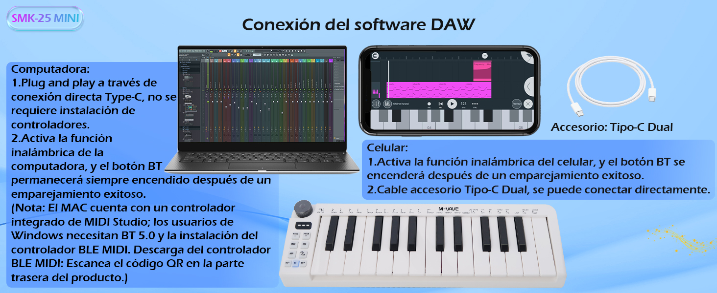 DTM・DAW M-VAVE-Mini Teclado MIDI M-VAVE Teclado MIDI de 25 teclas, Mini teclado, creador de ritmos